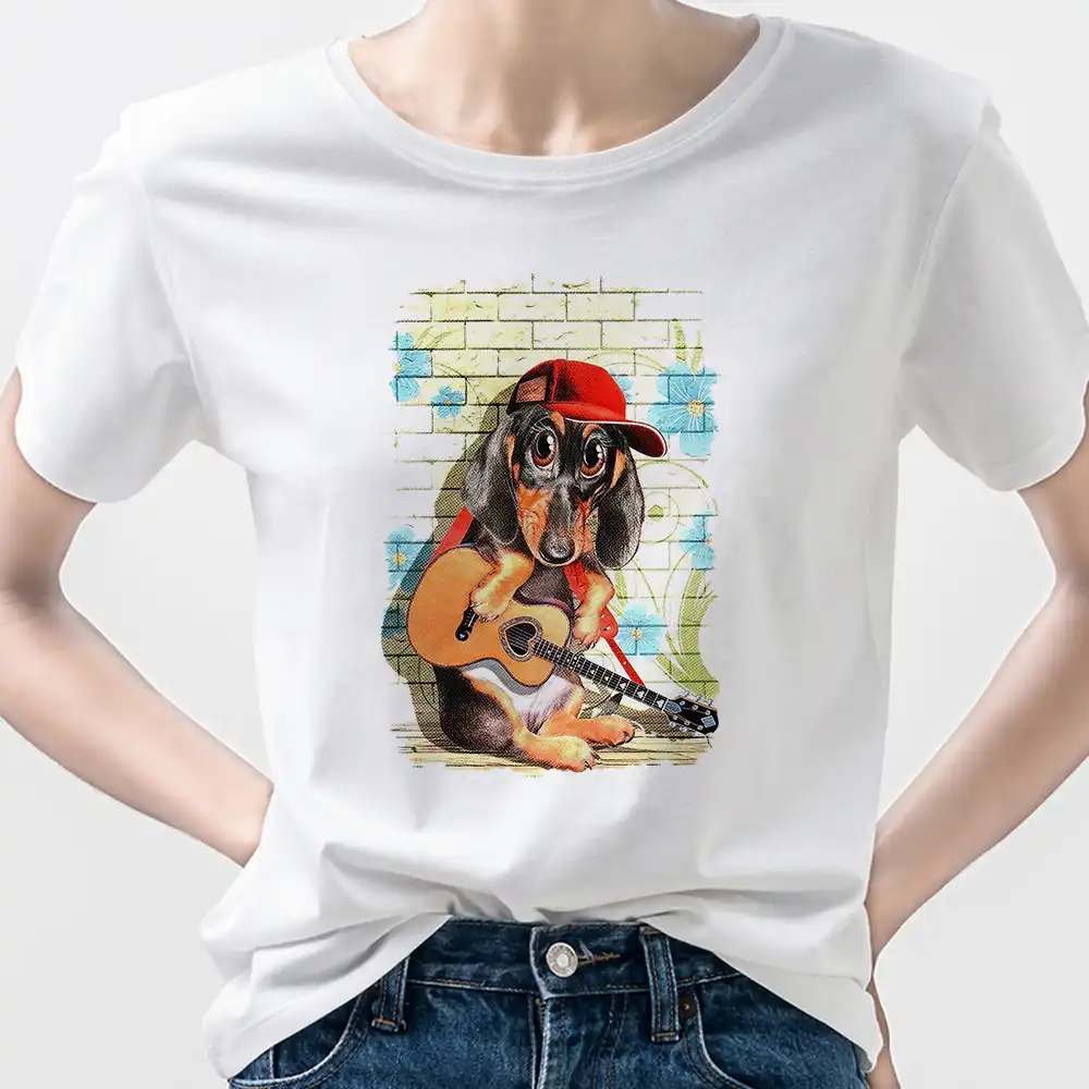 夏21 Tシャツダックスフンド演奏ギターtシャツ半袖ストリートロックスタイルの女性ホワイト特大tシャツのための服 Tシャツ Aliexpress