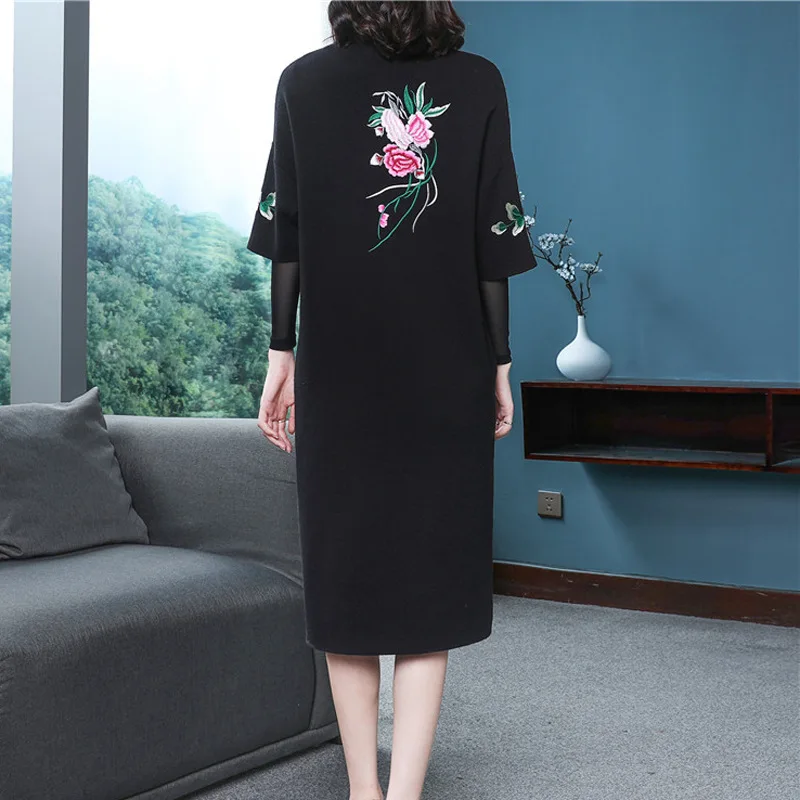 Autumn And Winter Knit Wool Dress Vintage Style Embroidery Refined Elegant Loose Women Dress S-2XL