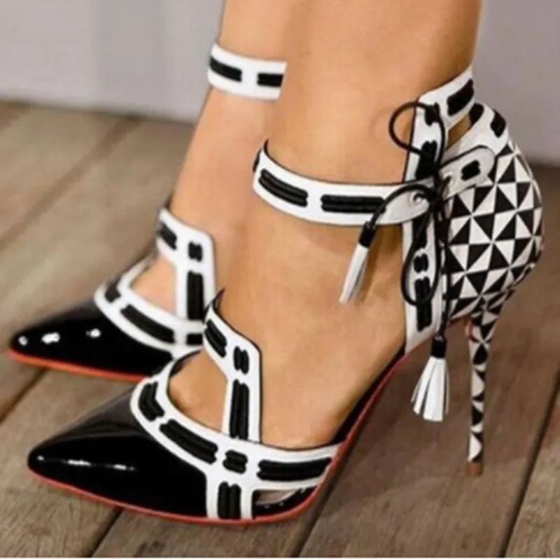 

Black White Mixed Colors Stilettos Tacones Zapatos De Mujer Pointed Toe Thin High Heels Lace Up Fashion Women Pumps