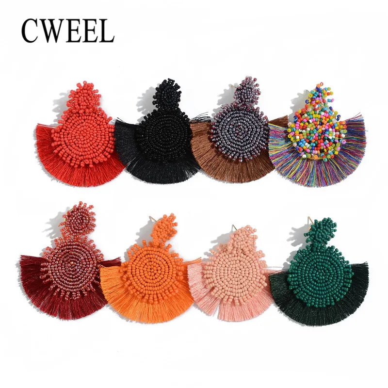 

CWEEL Round Beaded Earrings for Women Boho Handmade Wedding Bridal Bohemian Statement Fringed Korean Big Drop Earrings 2019