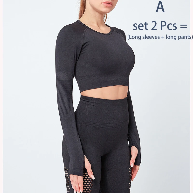 A black Set 2 Pcs Комплект для йоги, женская одежда для фитнеса, выдолбленные облегающие брюки, женские леггинсы для спортзала, 2 предмета, спортивные костюмы, спортивный бюстгальтер, женская спортивная одежда - Цвет: A black Set 2 Pcs