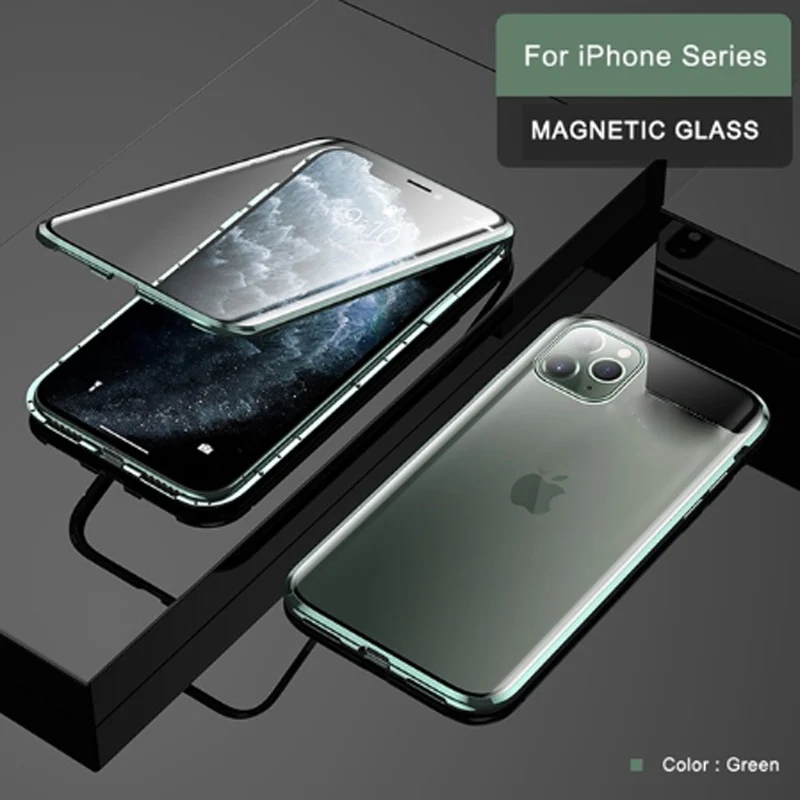 green Для iphone 11 Pro Max Магнитный чехол 360 Передний+ задний двухсторонний 9H закаленное стекло чехол для iphone 11 металлический бампер чехол - Цвет: green