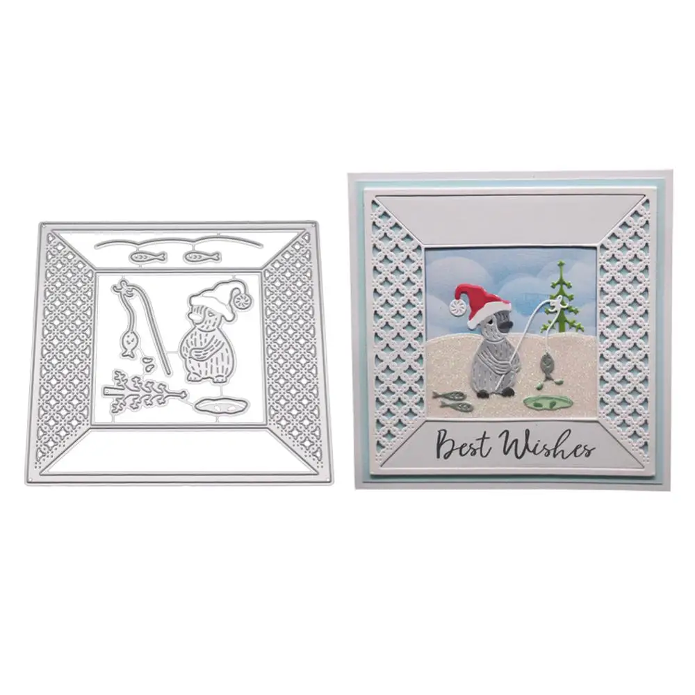 

Penguin Fishing Frame Cutting Dies Tree Stencil Metal Cut Die Christmas Decoration Birthday Square Scrapbook Stamps And Dies