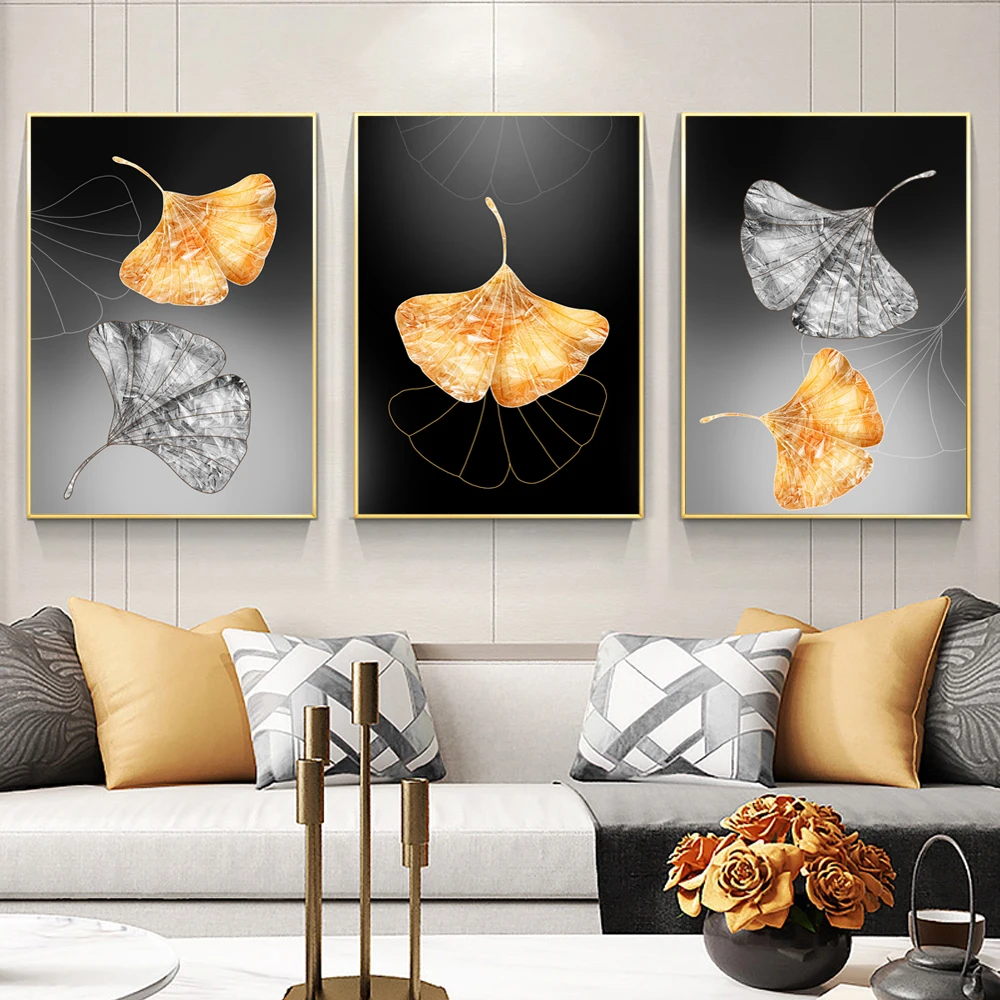 No-frame-Aesthetic-room-decor-canvas-painting-Abstract-golden-leaf-wall-picture-for-living-room-canvas (4)