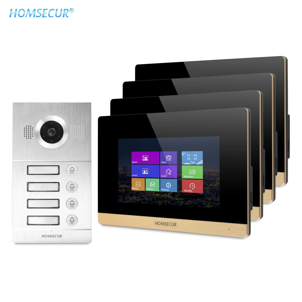 HOMSECUR " видео домофон системы+ запись и снимок для 4 семьи BC121-4S+ BM716-G