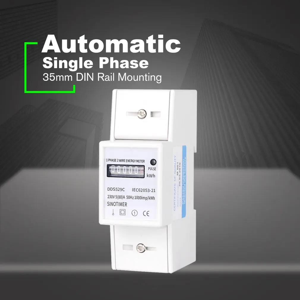 Automatic Single Phase 2 Wire Electric Energy Counter AC 230V 5-80A Analog Watt Measurement Meter 35mm DIN Rail Mounting
