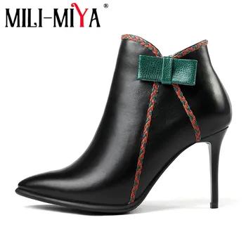 

MILI-MIYA New Elegant Cow Leather Ankle Boots Women Super High Thin Heel Pointed Toe Zipper Butterfly Knot Warm Winter Shoes