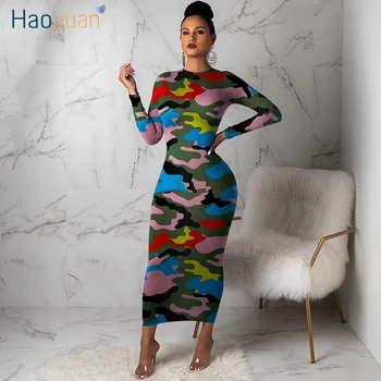

HAOYUAN Sexy Camouflage Long Sleeve Maxi Dress Women 2020 New Vestidos Spring Clothes Elegant Bodycon Night Club Party Dresses