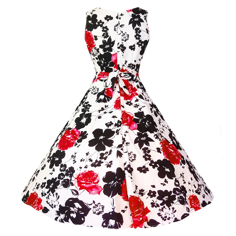 Kostlish Cotton Summer Dress Women 2017 Sleeveless Tunic 50s Vintage Dress Belt Elegant Print Rockabilly Party Dresses Sundress (86)