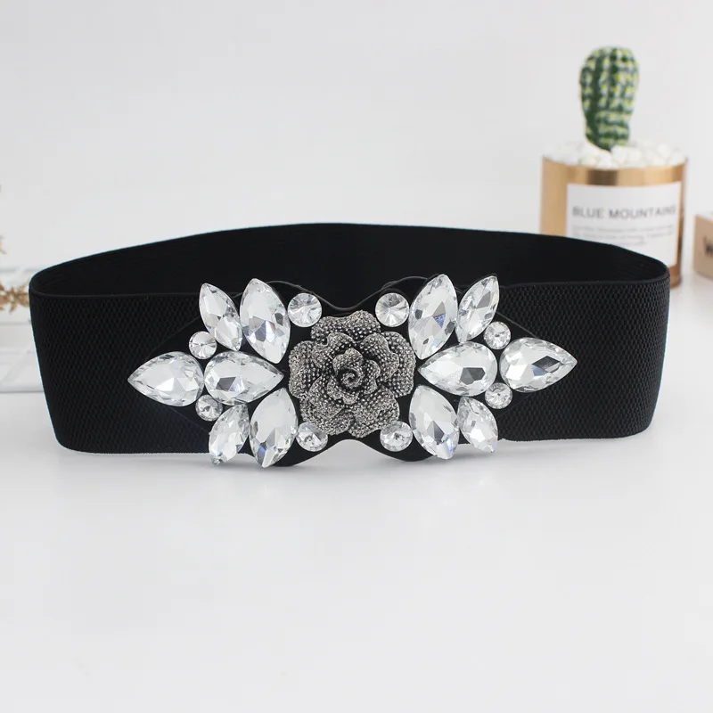 ladies belts for dresses Female Rose Flower Rhinestone Elastic Waistband Tight Black Belt for Women Waist Cinch Band Dress Overcoat Clothing Accessories black waist belt