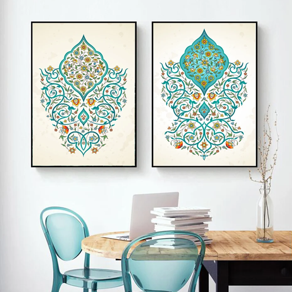 Украшенный арабеской ислам ic Бирюзовый цветочный настенный художественный холст картины Ислам Мусульманские рисунки плакаты принты для гостиной домашний декор