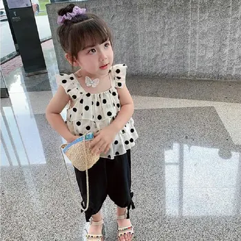 

Kids Summer Clothing Flying Sleeve Top and Cropped Pants Girls Polka Dot Twinset Children Clothes 3~8 Years