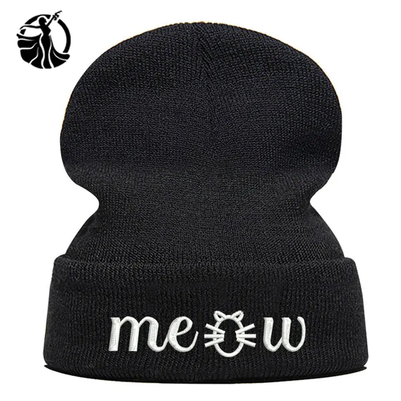 Beanie шляпа Skullie шапка, вязаная шапка-носок зима-осень вышивка в стиле панк Для мужчин Для женщин подростков уличных танцев забавные Мяу