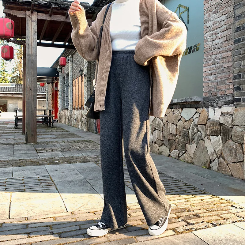 Knitting Wide Leg Pants Women Thickening Elastic High Waist Wool Long Pant Trouser Female Black Gray Casual Loose Bottoms