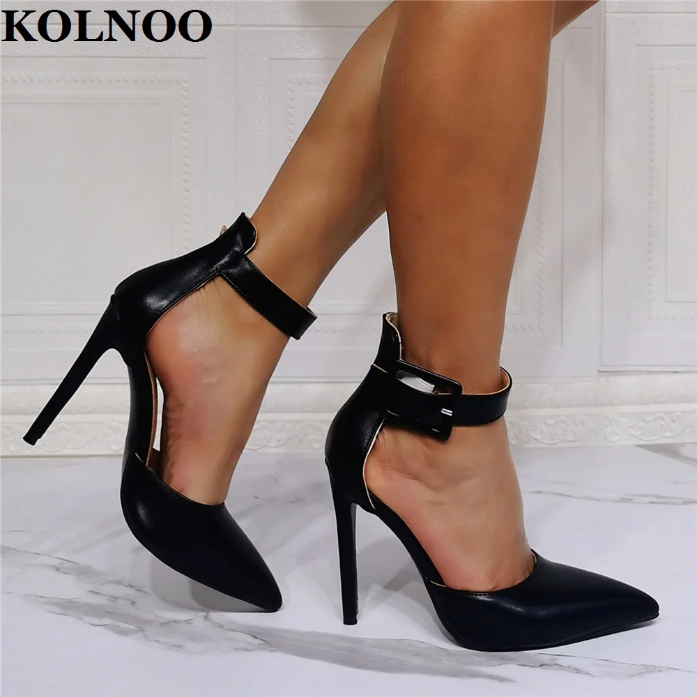 

Kolnoo New Simple Style Ladies High Heels Pumps D'orsay Buckle Ankle Strap Party Prom Dress Shoes Large Size Fashion Black Shoes
