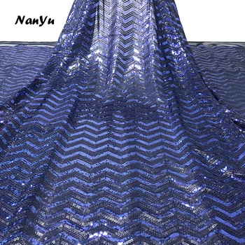 

Wave Pattern Design Blue Imitation Leather Sequin French Organza Lace Fabric