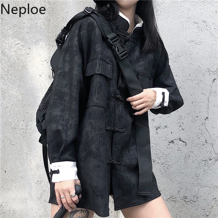 Neploe/Винтажные Черные блузы с воротником-стойкой, топы, однобортные женские рубашки с длинными рукавами, осенняя Тонкая Блузка хараджуку, пальто 55203