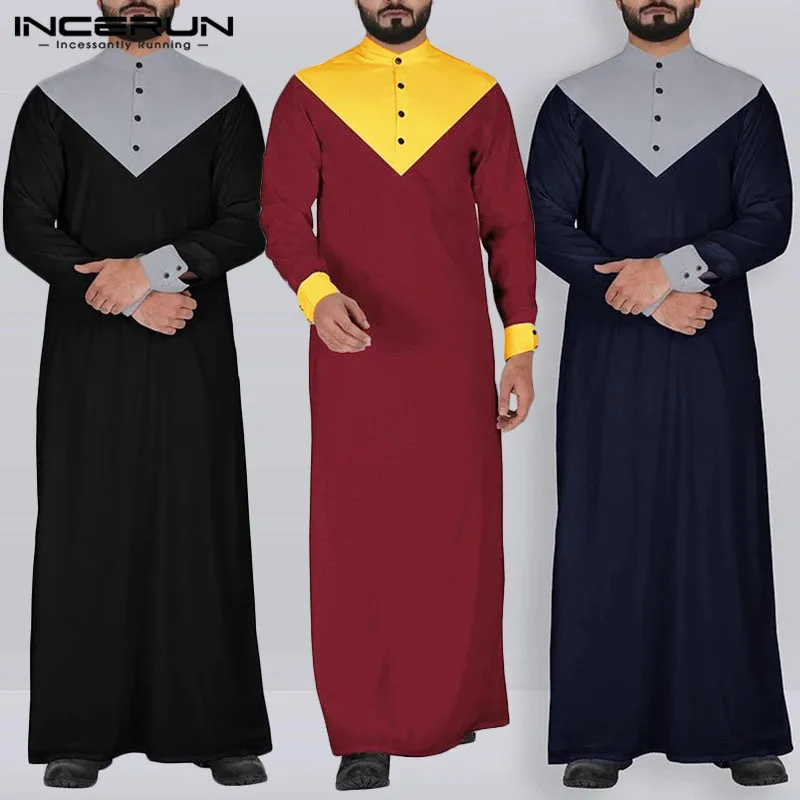 INCERUN, модный мусульманский кафтан, мужские Лоскутные Топы с длинными рукавами, платье, повседневное Ретро тренд, Джокер, уличная одежда, мужская одежда