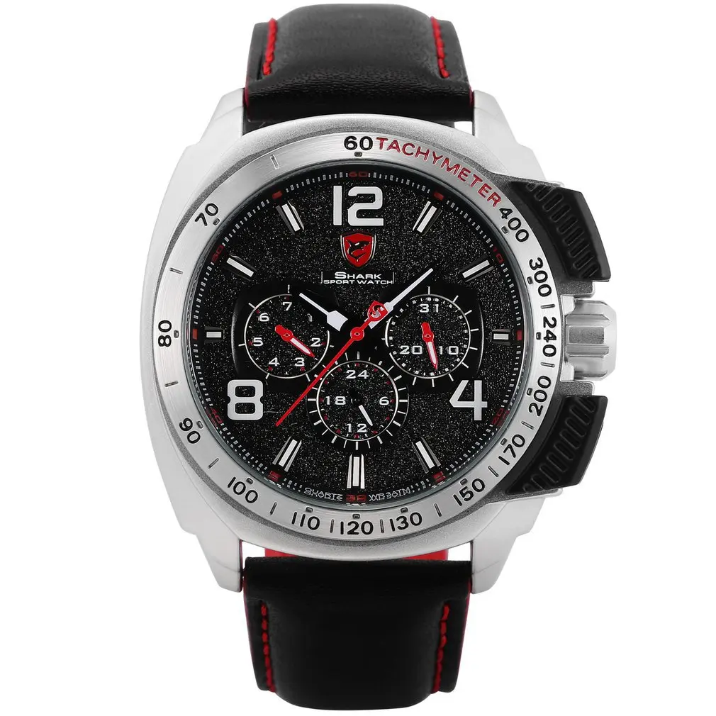 

Tiger SHARK Sport Watch Brand Silver Case Date Function Leather Band Men Casual Quartz Movement Luxury Wristwatch Gift / SH418