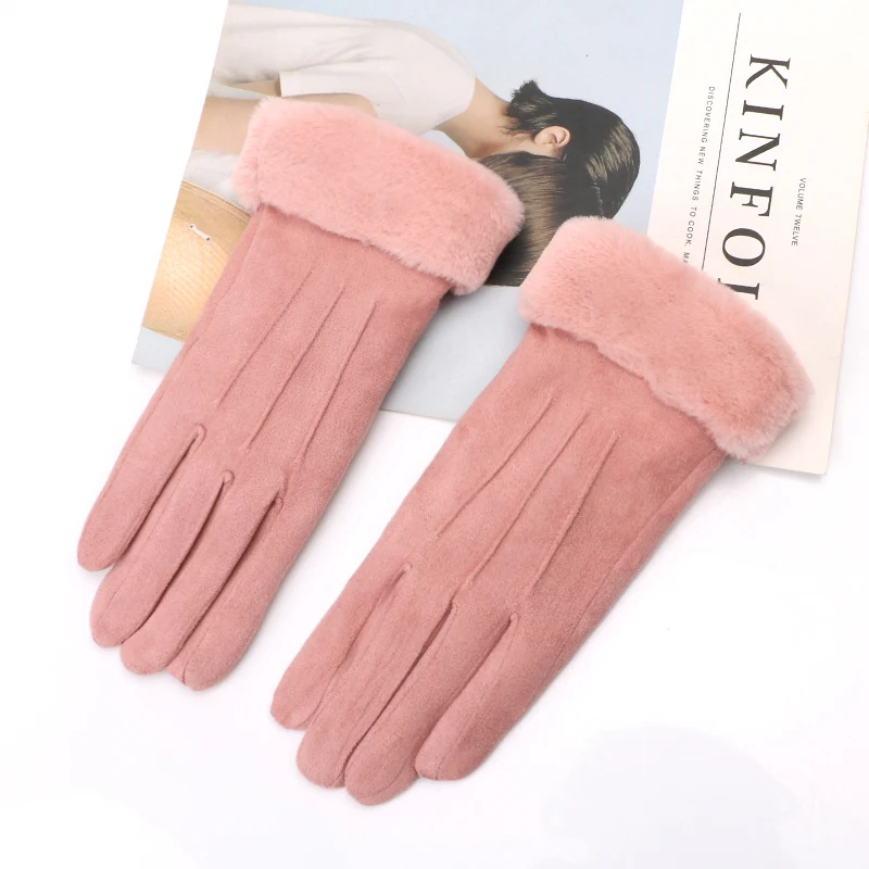 Зимние флисовые Теплые Перчатки женские тачскрин толстые замшевые меховые кожаные плюшевые перчатки рукавицы модные повседневные перчатки для вождения
