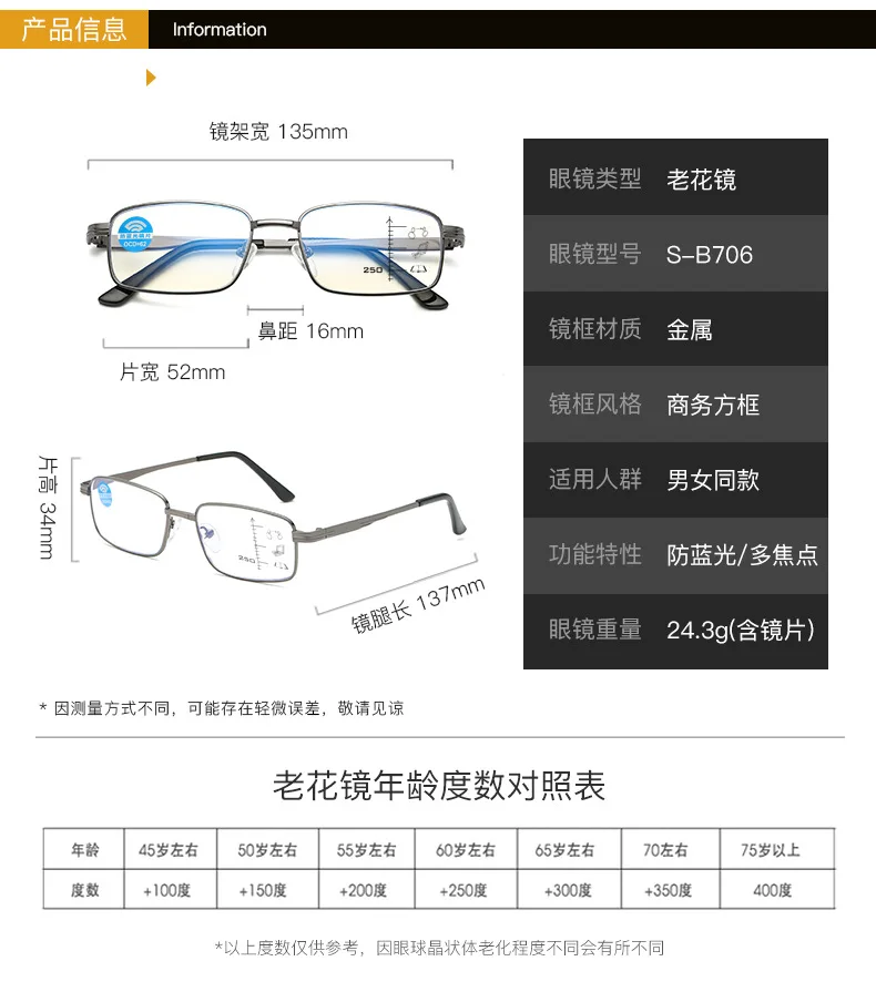 New fashion metal glasses classic business reading glasses multi-function progressive multi-focus anti-blue reading glasses