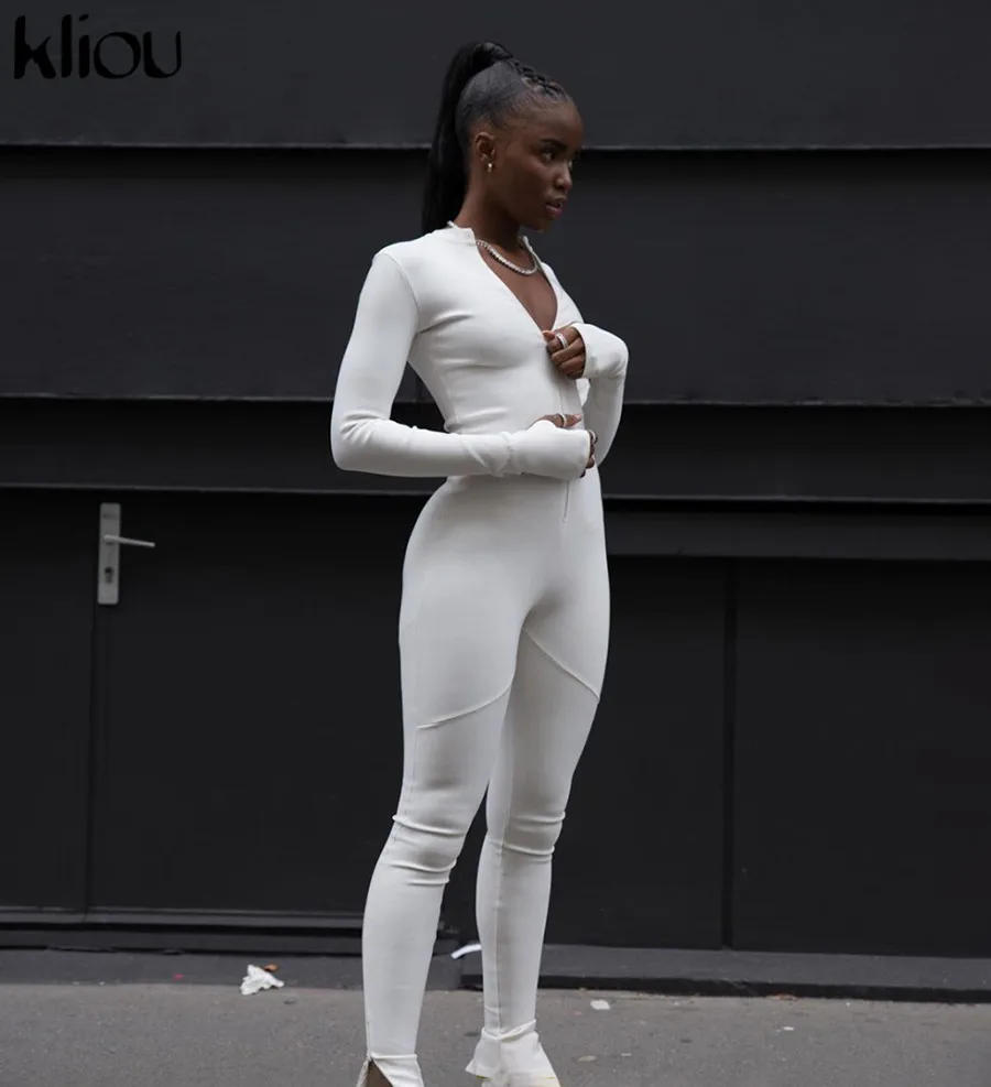 Kliou solid Black/white Bodycon Jumpsuit Women Sporty Rompers summer fitness Long Sleeve Zipper elastic One Piece 2