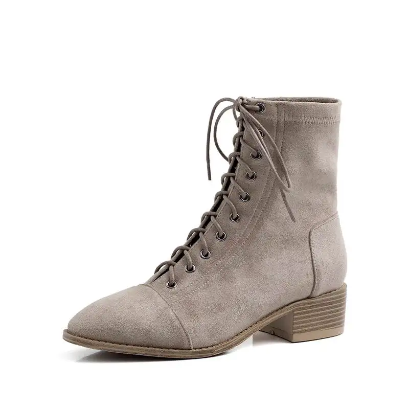 khaki Lenkisen/Лидер продаж; элегантные зимние однотонные ботинки в британском стиле на шнуровке с круглым носком на среднем каблуке; модные теплые женские ботильоны из флока; L78 - Цвет: khaki