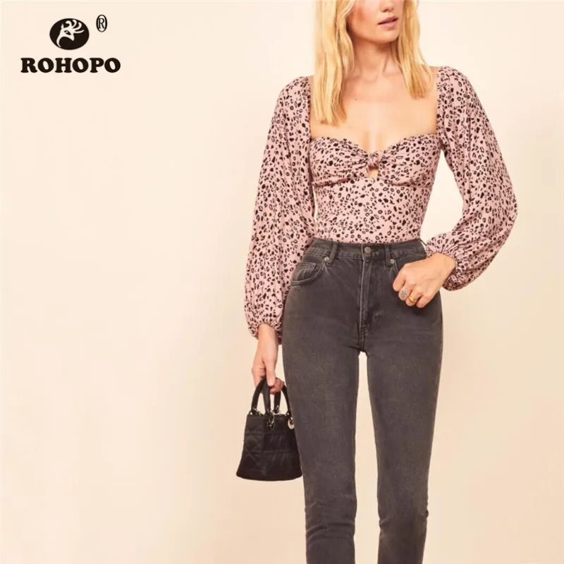 

ROHOPO Puff Long Sleeve Printed Tops Blouse Pink/Grey Square Collar Front Bow Back Smocking Cute Girl Tops Blusa #9147