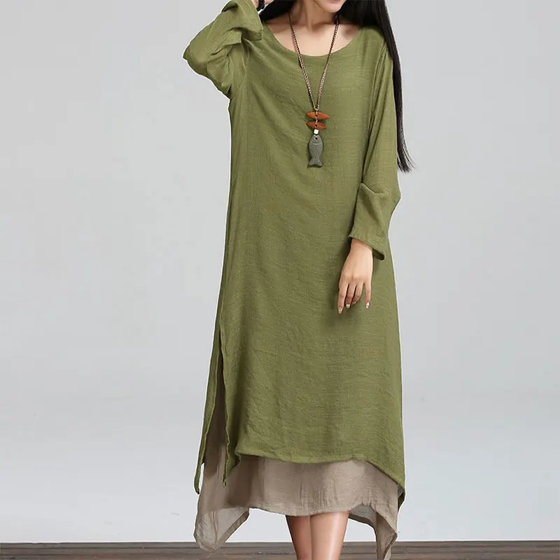 

Vintage Irregular Women Mid-Calf Dresses 2020 Spring Autumn Cotton Loose Waist Elegant Dresses Streetwear Plus Size Vestido