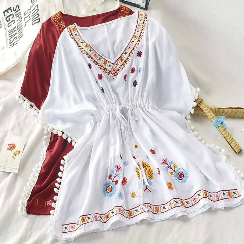 

Summer Ethnic Boho Embroidery Blouse Women Bat Sleeve Casual Holiday Beach Shirt Plus Size Ladies Tops 2019
