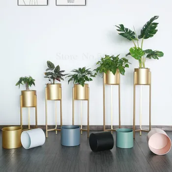 

Nordic wrought iron flower shelf golden light luxury European balcony living room indoor floor-standing metal flower pot rack