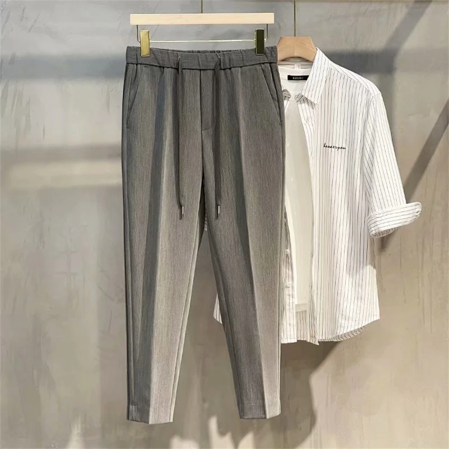 FOJAGANTO Spring Men Fashion Pants Solid Color Drape Small Straight Ankle-Length Pants Simple Business Casual Pants Male black casual trousers