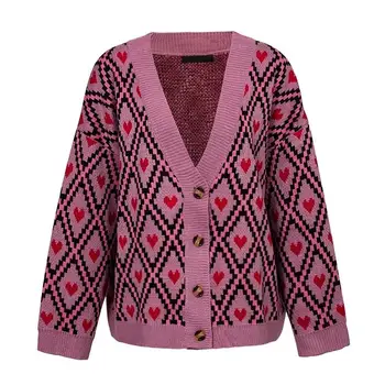 

Women Autumn Winter Single Breasted Knitted Heart Print Cardigan Button V-Neck Batwing Sleeve Thick Oversized Sweater