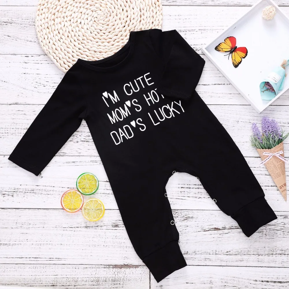 

2018 Black Romper Baby Girl Jumpsuit Tiny Cottons Boy Long Sleeve Unisex Mom Hot Dad Lucky Printed Infant Girl Winter Clothes