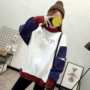 

Early Autumn Loose Stitching Letter Printing High Collar Lazy Wind Clothes Women O-Neck