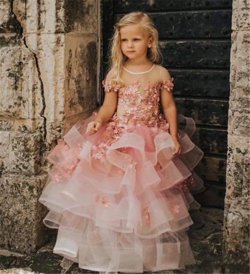Розовое Бальное платье на заказ, пышное платье для девочек платье для торжеств с прозрачным вырезом и аппликацией для маленьких девочек детское платье для дня рождения, любой размер
