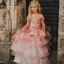 Розовое Бальное платье на заказ, пышное платье для девочек платье для торжеств с прозрачным вырезом и аппликацией для маленьких девочек детское платье для дня рождения, любой размер