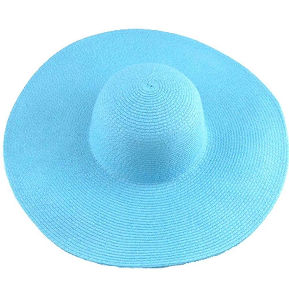 Hawaiian Summer Beach Floppy Hat Solid Color Women Wide Brim Straw Sun Cap