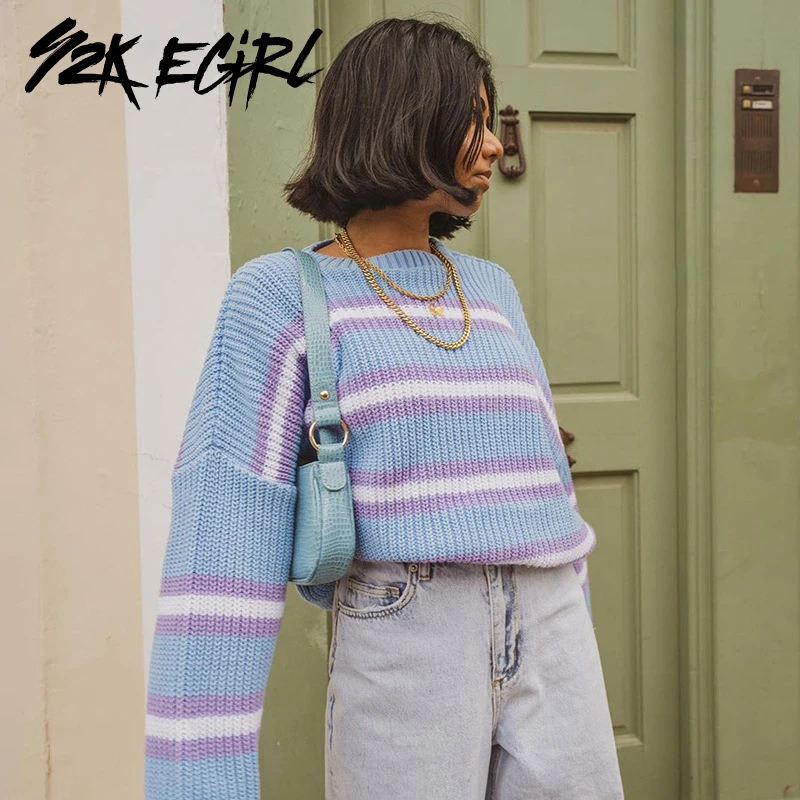 

Y2K EGIRL Harajuku Oversized Knitted Straped Sweaters 90s Fashion O-neck Long Sleeve Blue Jumpers Autumn Winter Vintage Pullover