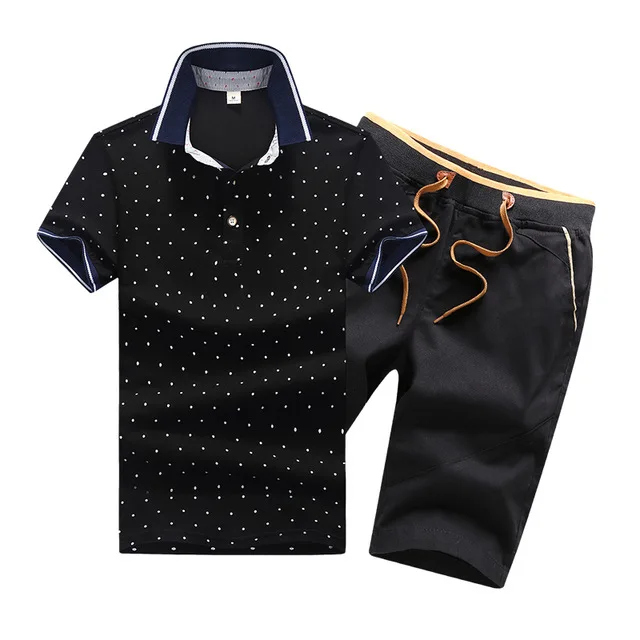 Для мужчин комплект Повседневное летние однотонные Slim Fit костюм Для мужчин s поло+ шорты, комплекты из 2 предметов Нью-Джерси Фитнес спортивный костюм для мальчиков, из дышащего материала - Цвет: FK082 Black Black