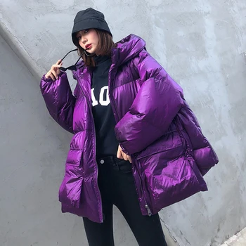 

#0764 Winter Coats And Jackets Woman Streetwear Loose Coats Female Oversized Hooded Shiny Parka Women Fashion Big Pockets Tide