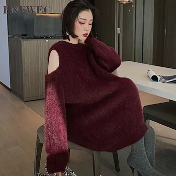 

2020 new spring street styles women fashion clothing round neck mohair pullover off the shoulder knitting sweater V398