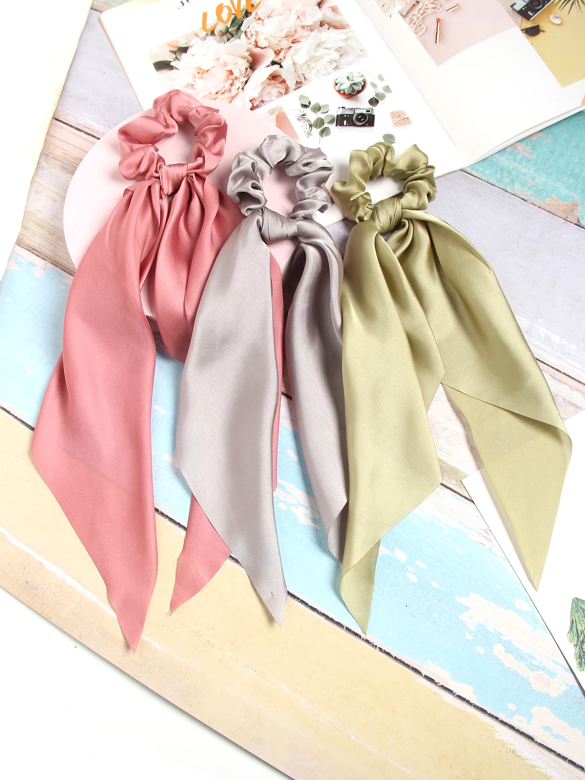 

Fashion Solid Color Satin Bow Long Ribbon Ponytail Scarf Hair Tie Scrunchies Women Girls Elastic Hair Bands Hair Accessories