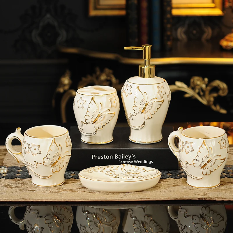 style 1 5pcs Набор аксессуаров для ванной комнаты, керамическая зубная щетка, мыльный диспенсер для посуды, чашка для полоскания, европейский стиль, набор для ванной комнаты, свадебные подарки - Цвет: style 1 5pcs
