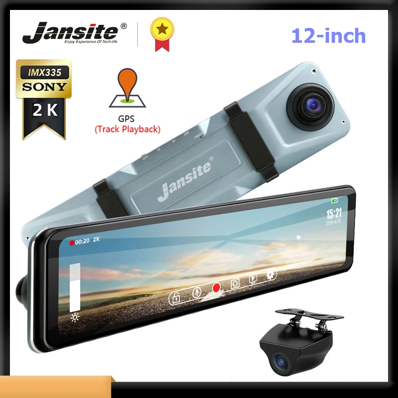 

Jansite 12" Dash cam Touch Square Screen stream media Car DVR Mirror Camera Anti-jamming GPS Track Playback Recorder Rear camera