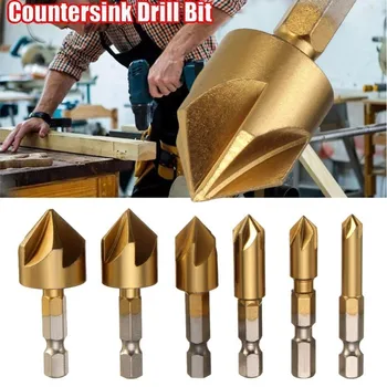 

Newest 6PC High Speed Steel 5 Flute Countersink Drill Bit Set 90 Degree 1/4" Counter Sink Chamfer Cutter DIY Power Tools #10