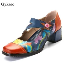 Gykaeo/обувь Mary Jane из натуральной кожи ручной работы в богемном стиле; женские туфли-лодочки из воловьей кожи с вышитыми цветами на среднем каблуке; sapato feminino