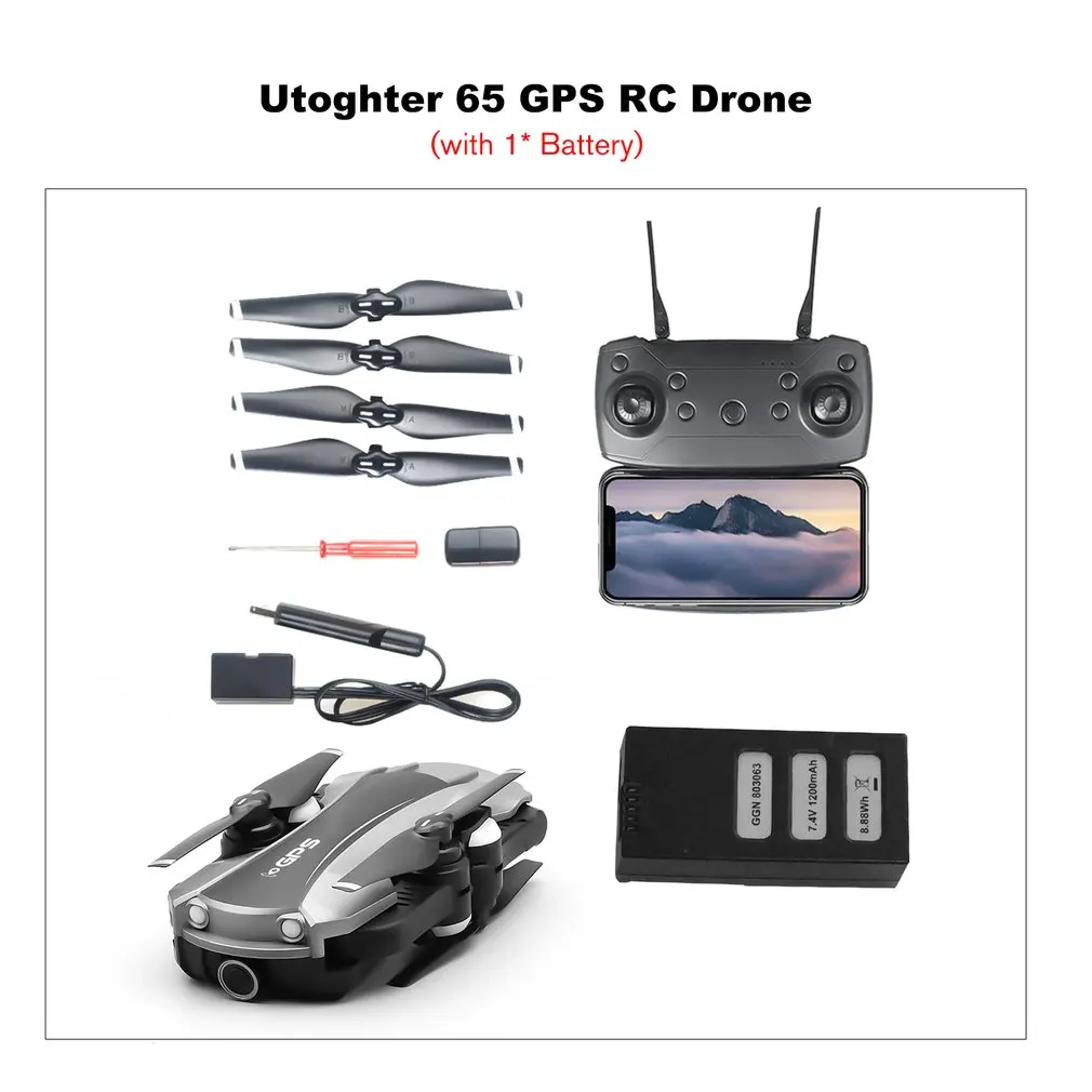 Utoghter 65 gps Радиоуправляемый Дрон wifi 1080P HD камера Пульт дистанционного управления летательный аппарат Дрон с 2000 мАч Lipo-battery - Цвет: Grey 1B
