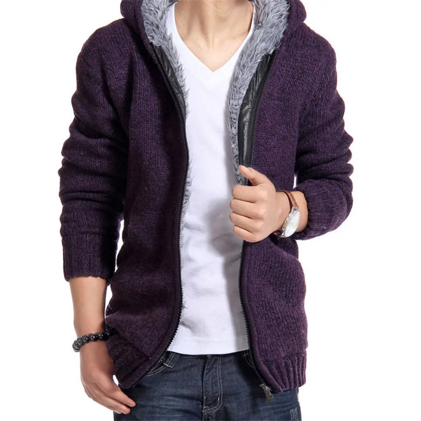 Autumn Winter Mens Thick Warm Sweatercoat Collar Zipper Hooded Sweater Coat Outerwear Winter Fleece Cashmere Sweaters pull Homme