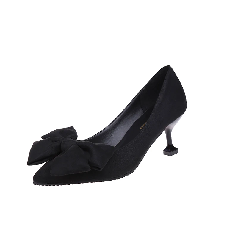 Женские туфли-лодочки; Брендовая женская обувь; пикантные женские туфли на высоком каблуке с острым носком и бантом; V425 - Цвет: Черный